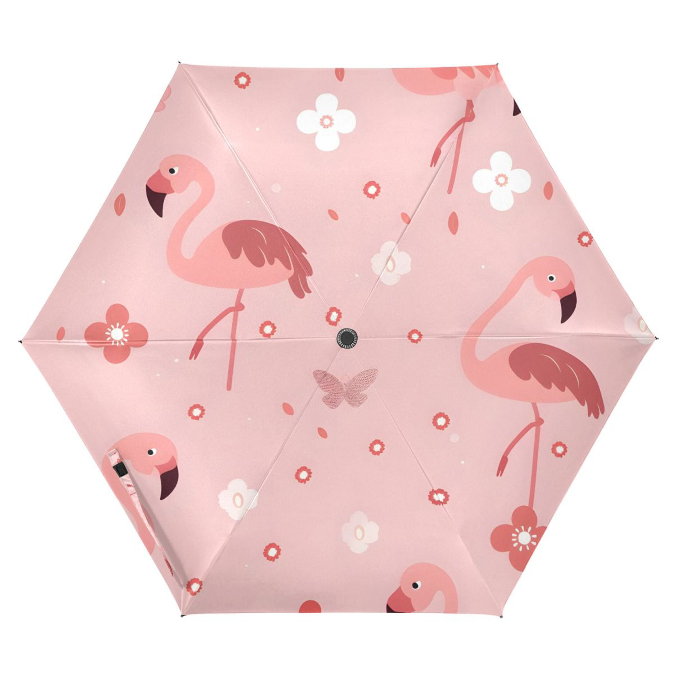 Flamingos and Flowers All Weather Umbrella Triple Folding Parasol 6 Ribs UV Protection Portable