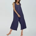 thumbnail image 2 of Ribbed Knit Jumpsuits Womens Sleeveless Summer Onesies Capris Button Down Tank Wide Leg Jumpers Romper Crop Pants (2XL, Dark Blue), 2 of 5