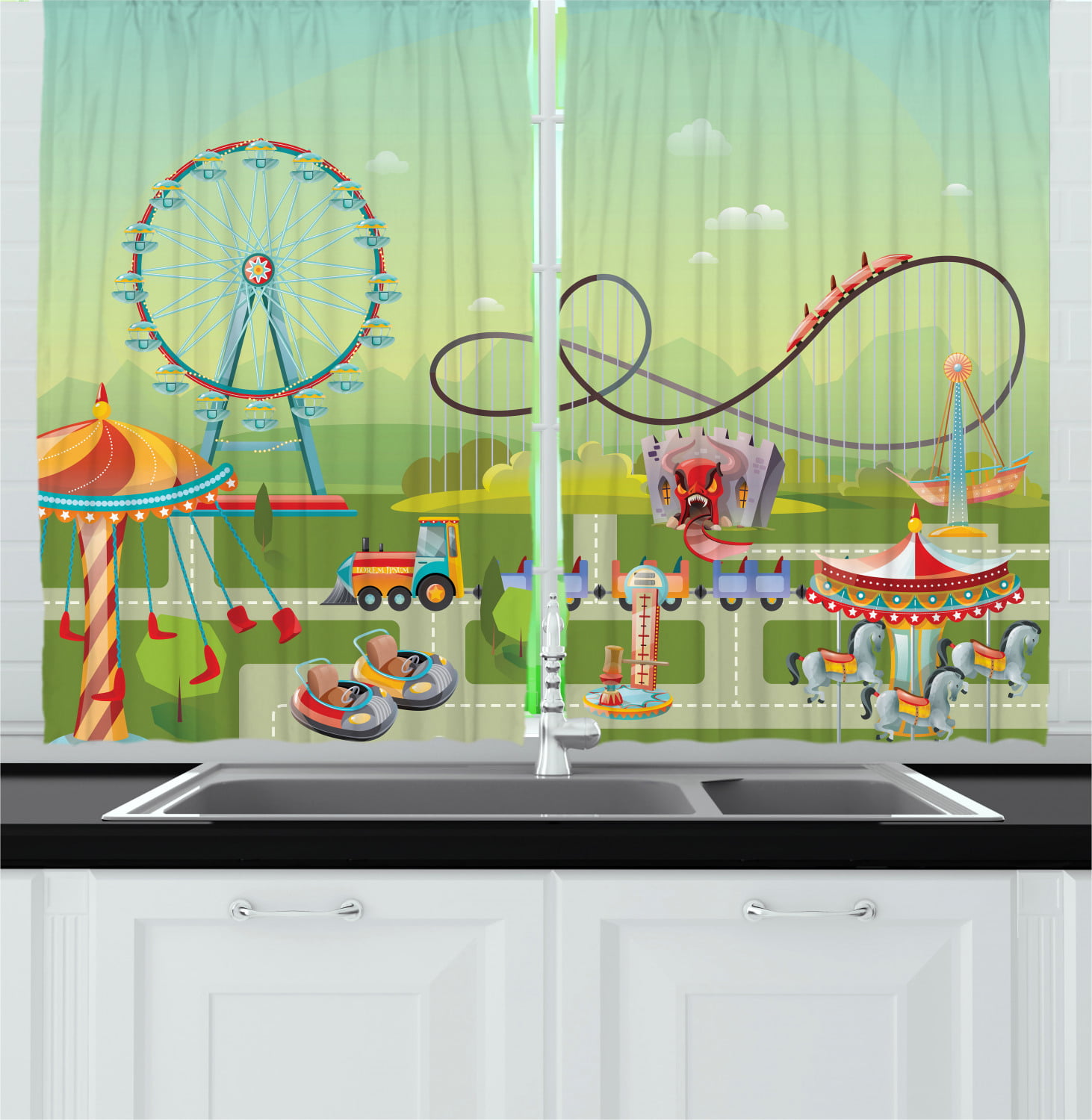 Ferris Wheel Curtains 2 Panels Set, Graphic Composition of an Amusement Park with Bumper Cars Horror Tunnel Swings, Window Drapes for Living Room Bedroom, 55W X 39L Inches, Multicolor, by Ambesonne