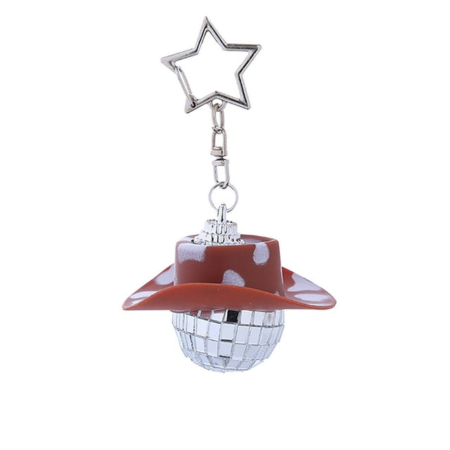 Cowboy Hat Mirror Ball Keychain with Gold Star - Cute Purse Accessory for Women & Girls