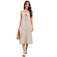 thumbnail image 3 of Fiophy 100% Linen Dress V Neck Tie Front Sleeveless Spaghetti Strap Summer Casual Midi Summer Beach Dresses,Flax, L, 3 of 8