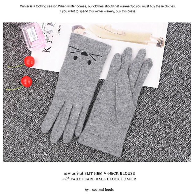 Guante de conducción con pantalla táctil de lana fina y cálida para invierno para mujer, bonito bordado de gato, Elasti de dedo completo LingWen 1327534327786