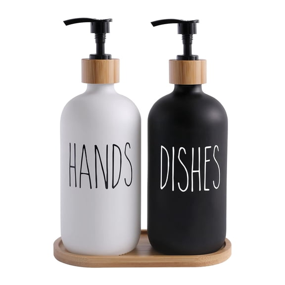 2 Pack Hands & Dishes Soap Dispenser Set with Bamboo Tray, 16oz Frosted Glass Hand Dish Soap Bottles with Steel Pump, Refillable Soap Dispenser for Bathroom Kitchen