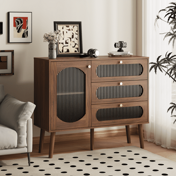 Wooden Storage Cabinet with 3 Drawers and Door, Accent Sideboard Buffet Cabinet with Adjustable Shelf for Living Room, Entryway and Hallway, Walnut