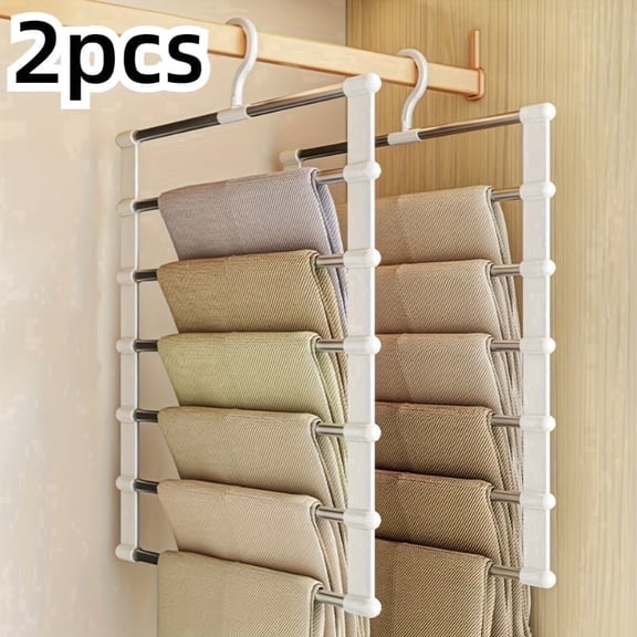 2PCS Foldable Multi-Layer Pants Hanger - Stainless Steel Non-Slip Closet Organizer For Jeans, Leggings & Scarves - Space-Saving Clothes Rack