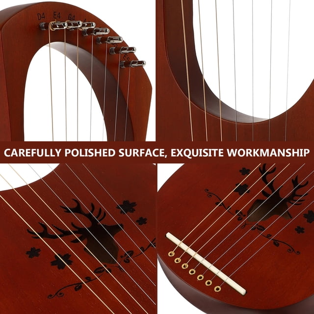 OUNONA 1Set Wood 7 String Harp Lyre Harp Handheld String Instrument with Tuning Wrench and Coffee Color