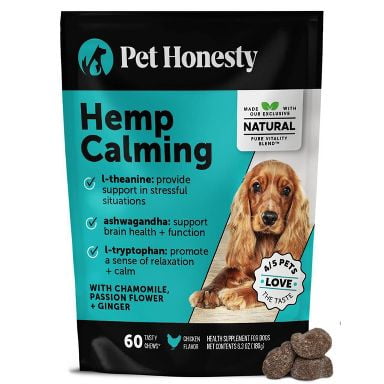 Pet Honesty Hemp Calming Dog Supplement, L-Theanine, Ashwagandha, L-Tryptophan, Chicken Flavor, 60ct Soft Chews