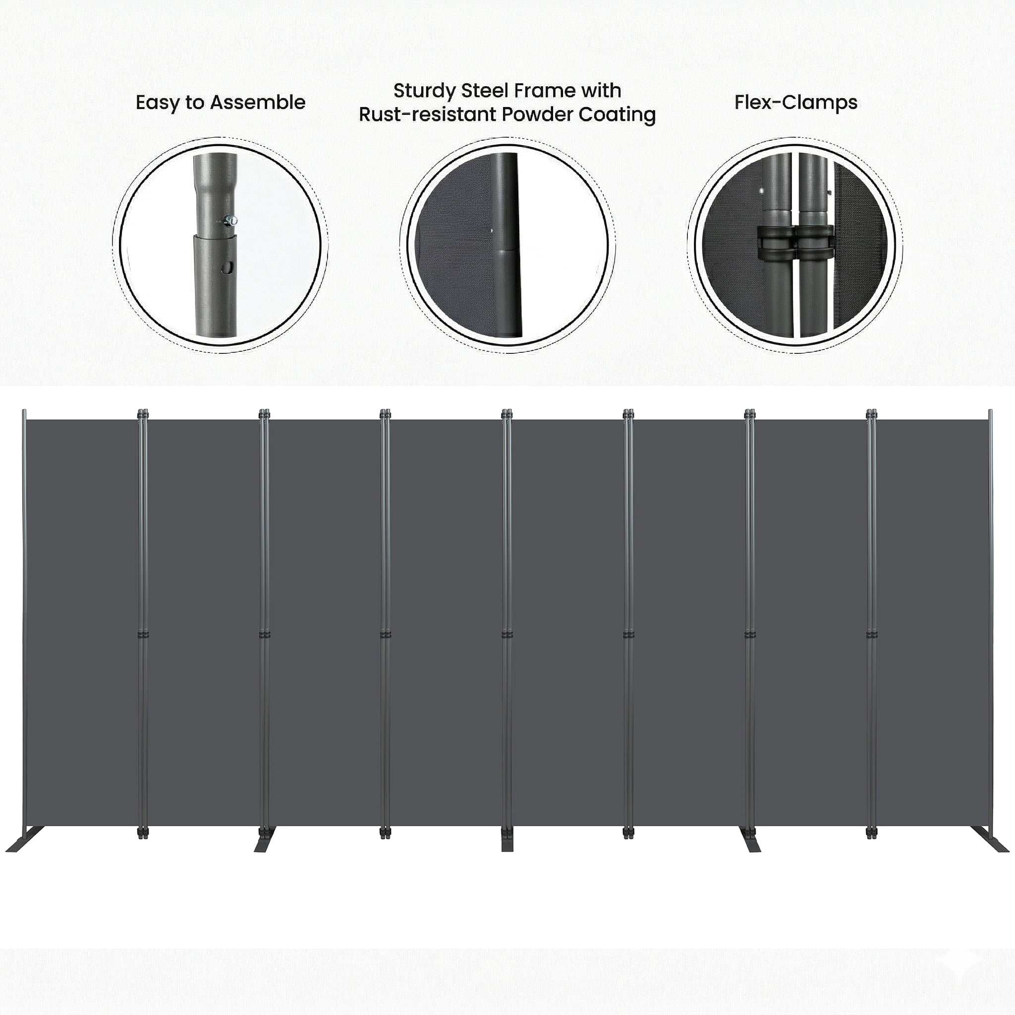 Room Divider 8-Panel 159W x 71H, Folding Privacy Screen with Heavy-Duty Metal Frame and Polyester Fabric, Portable Freestanding Partition for Bedroom Office Living Room, Black Gray
