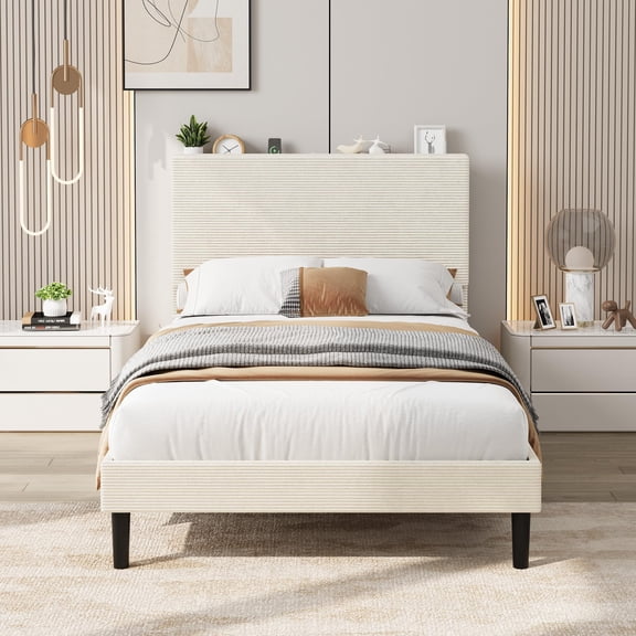 Twin Size Bed Frame, Upholstered Platform Bed Frame with Corduroy Adjustable Storage Headboard and Charging Station, Sturdy Wood Slats, Noise-Free Design, No Box Spring Required, Easy Assembly, Beige