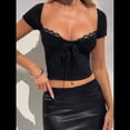 thumbnail image 4 of Camiseta Ajustada con Ribete de Encaje para Mujer, Mangas , Lazo Frontal, Tops Texturizados de Fiesta Y2K Negro S, 4 of 8