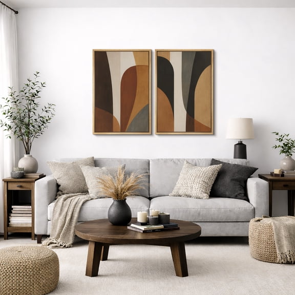 Framed Canvas Print Abstract Geometric Wall Art Set of 2 Mid-Century Modern Decorative for Living Room Bedroom - 16"x24"x2 NATURAL
