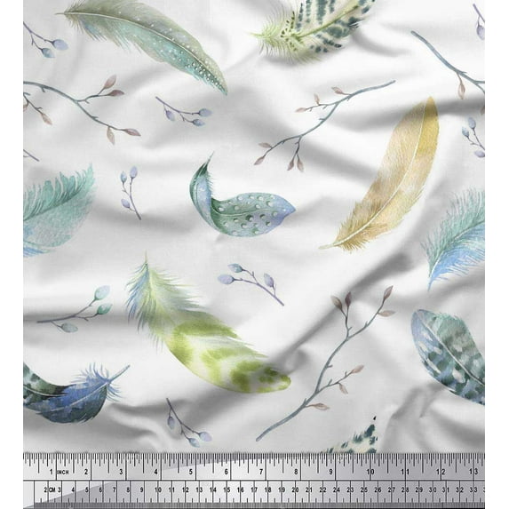 Soimoi Silk Fabric Branches & Artistic Feather Printed Craft Fabric by the Yard 42 Inch Wide