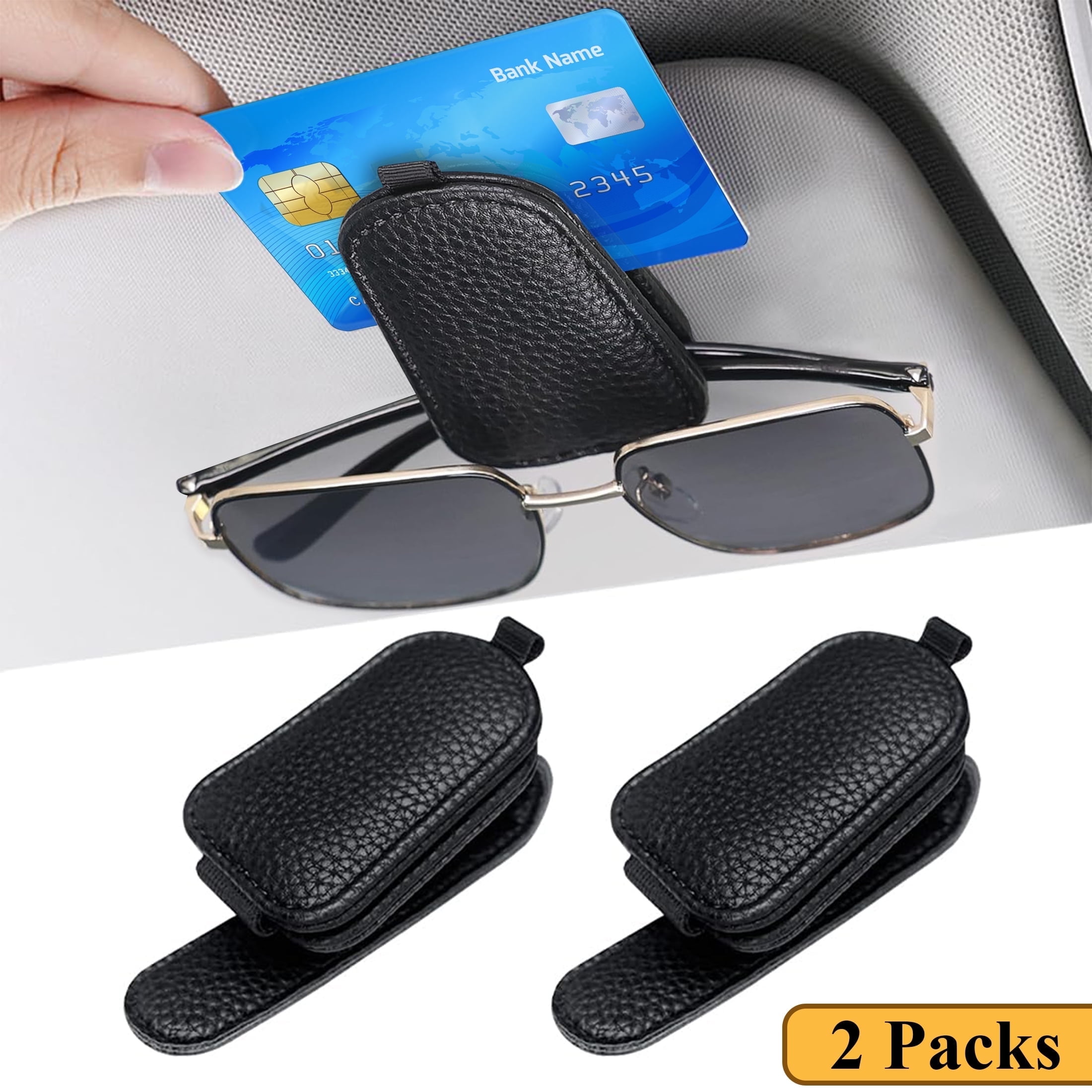 Set Of 2 Glasses Holders For Car Sun Visor, Sunglasses Eyeglasses With Card Clip, Sunglasses Holder With Ticket Card Clip Suitable For All Car Models, Rotatable 180 Degrees, Double End-Black