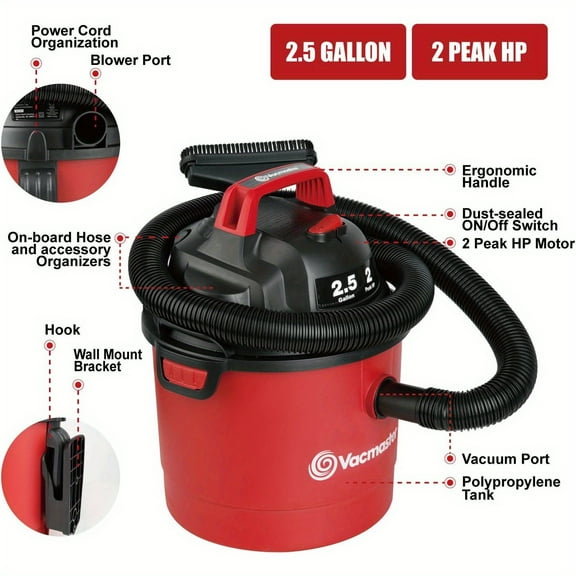 2.5 Gallon Shop Vacuum Cleaner - 13Kpa Powerful Suction, 3-in-1 Wet/Dry/Blower | Lightweight & Wall-Mounted for Cars/Boats/Hard Floors & Pet Hair
