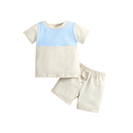 

Calsunbaby Infant Baby Boys Summer Outfits Contrast Color Short Sleeve Crew Neck T-shirt Tops Elastic Shorts Set Blue Apricot 6-12 Months