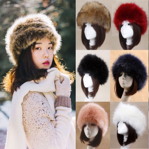 Sunloudy Winter Thick Furry Hairband Fluffy Russian Faux Fur Women Girl Fur Headband Hat Winter Outdoor Earwarmer Ski Hats Hot Pink