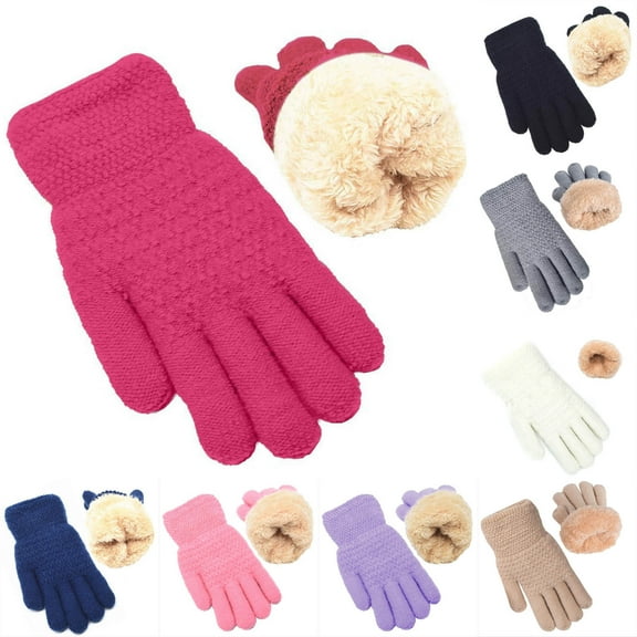 Cethrio Kids Girls Knitted Gloves, Stretchy Snow Thermal School Winter Mittens Hot Pink Size 6-13 T