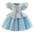thumbnail image 2 of Delliss Girls Vintage Crew Neck Bubble Sleeve Trendy Princess Dress Blue 12 Months, 2 of 6