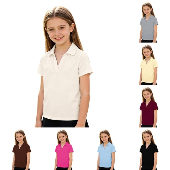 GobdXE Solid V Neck Collared Short Sleeve Polo Shirt Unisex Kids Back to School Uniform Basic Casual Pullover Tops for Toddler Little Big Boys Girls 5-6 Years,Beige