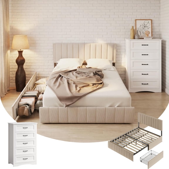 Jolifa Bedroom Furniture Set, Beige Queen Size Bed Frame, White Wood 5 Drawer Dresser for Small Space, Apartment, Studio
