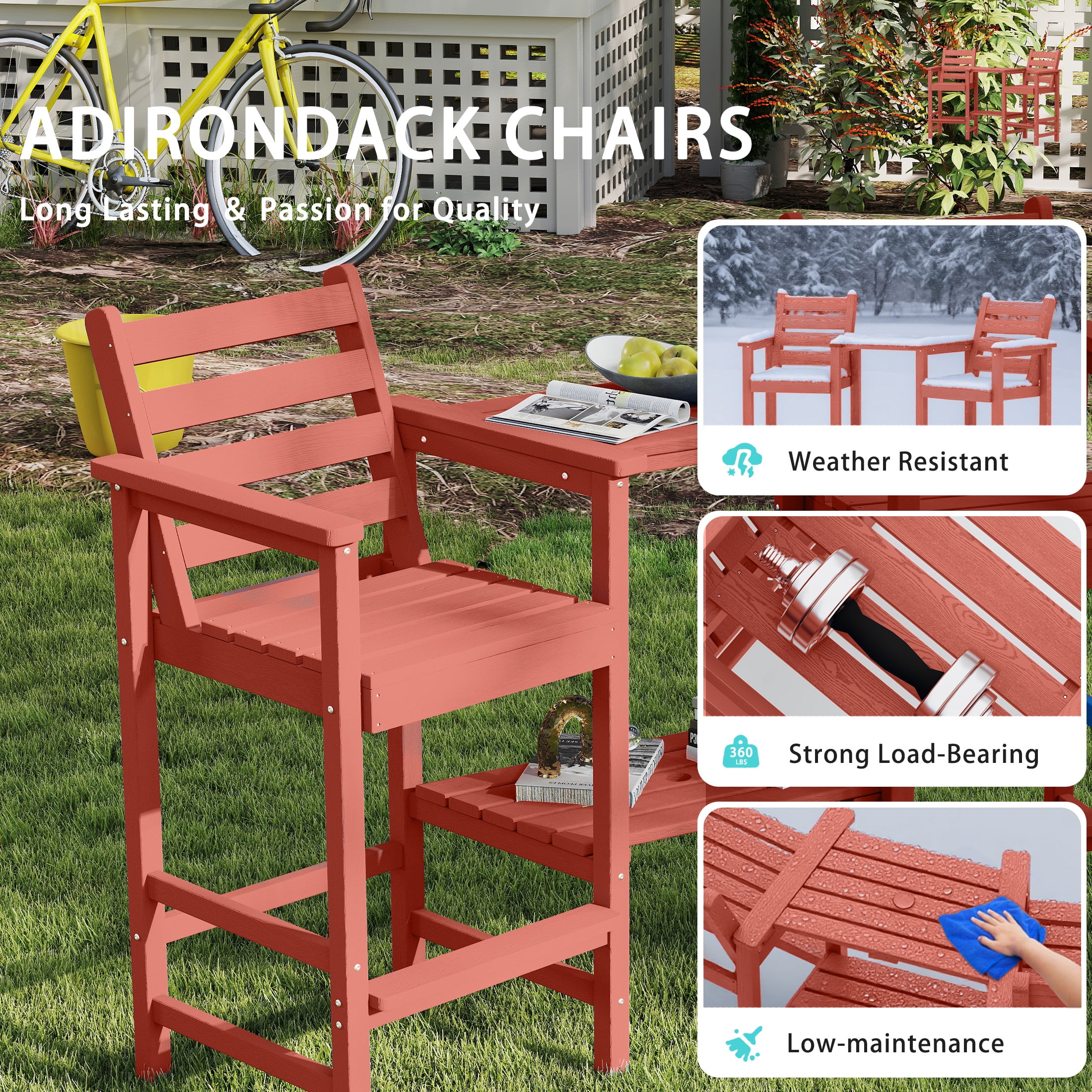 AreShark HDPE Tall Adirondack Chair Set with Removable Double Trays (Set of 2) Dark Red