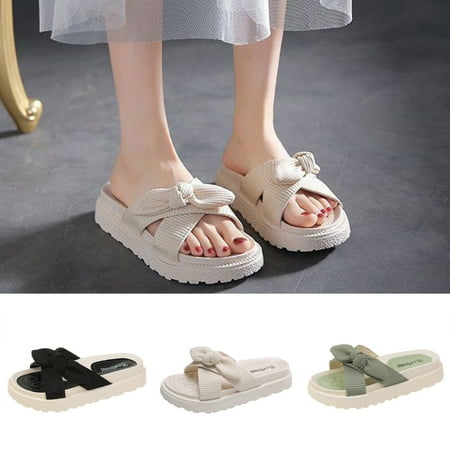 

Cethrio Women s Platform Footbed Sandals- on Clearance Wide Width Bow Platform Beige Dressy Sandals/ Slides Size 5.5