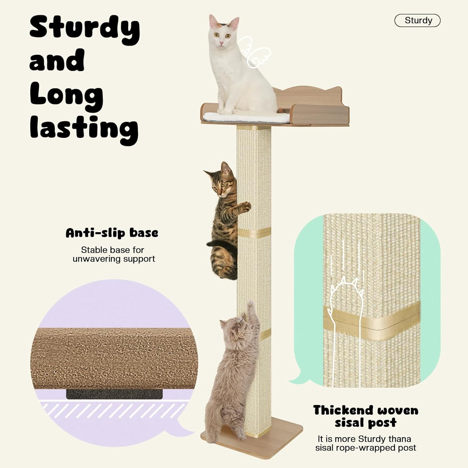 Window Perch with Thick Sisal Scratching Post, Adjustable Tall Cats Hammock Bed with Fluffy Cushion and Suction Cups