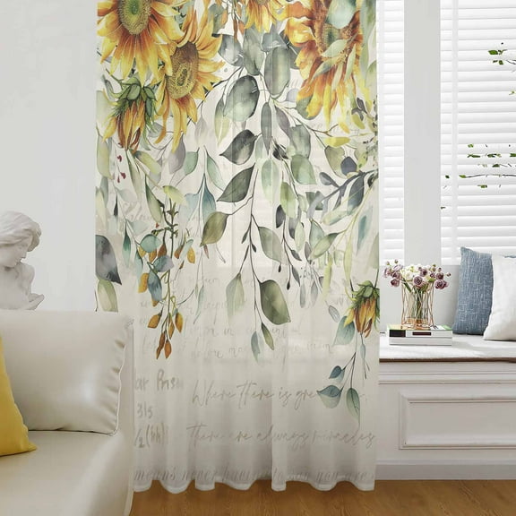 Sunflowers Semi Sheer Curtains Drapes for Living Room,Bedroom,French Doors Window 96 Inches Long,Spring Floral Eucalyptus Leaves Summer Botanical Rod Pocket Chiffon Curtain Drapery Voile Drape Panel