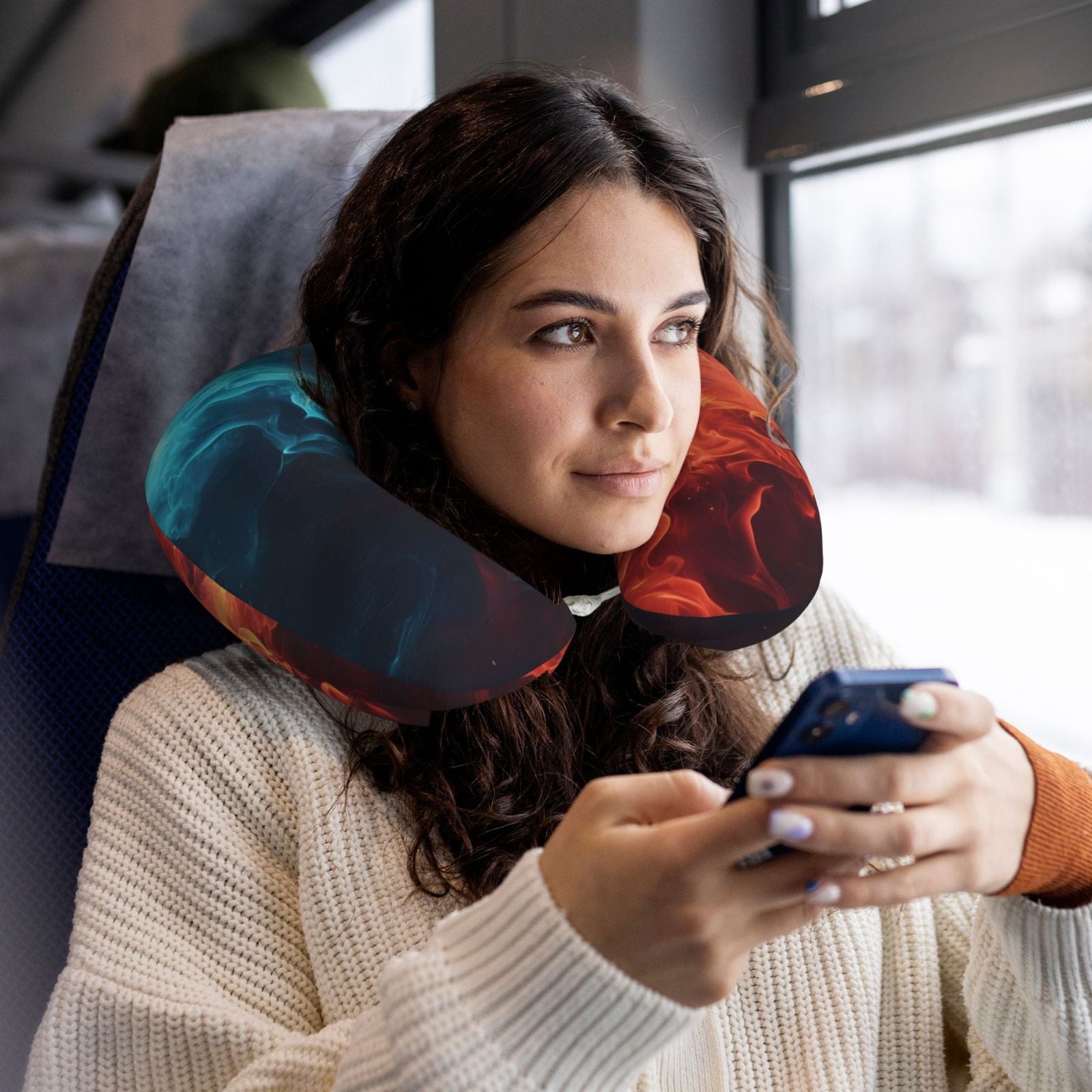 Xecao Red And Blue Fire Print Memory Foam Cervical Neck Pillow Versatile U-Shaped Pillows for Home,Office,Camping,Travelling,Soft Washable Cover