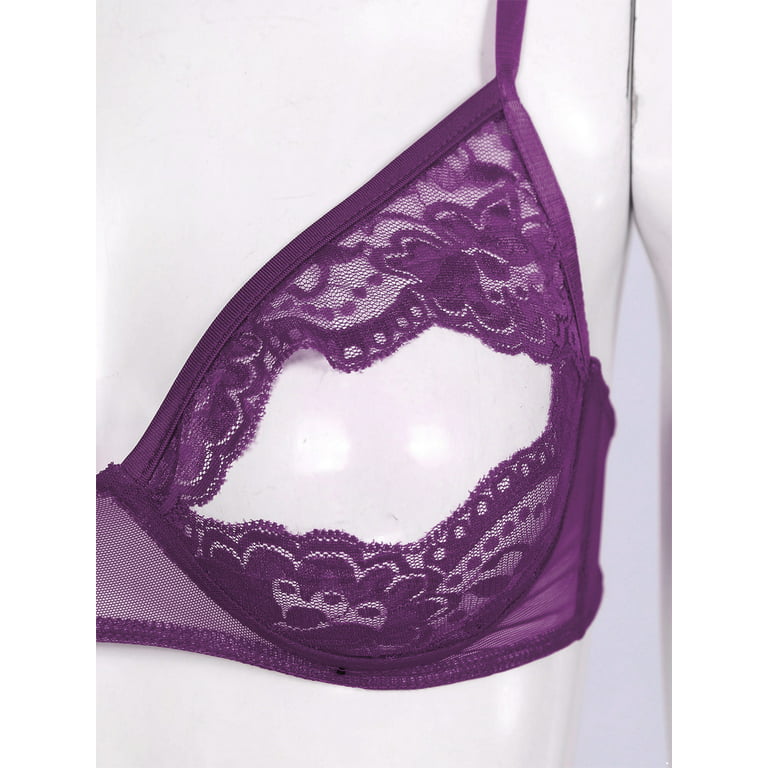 DPOIS Womens Sheer Floral Lace Hollow Out Nipple Bra Top Purple 3XL