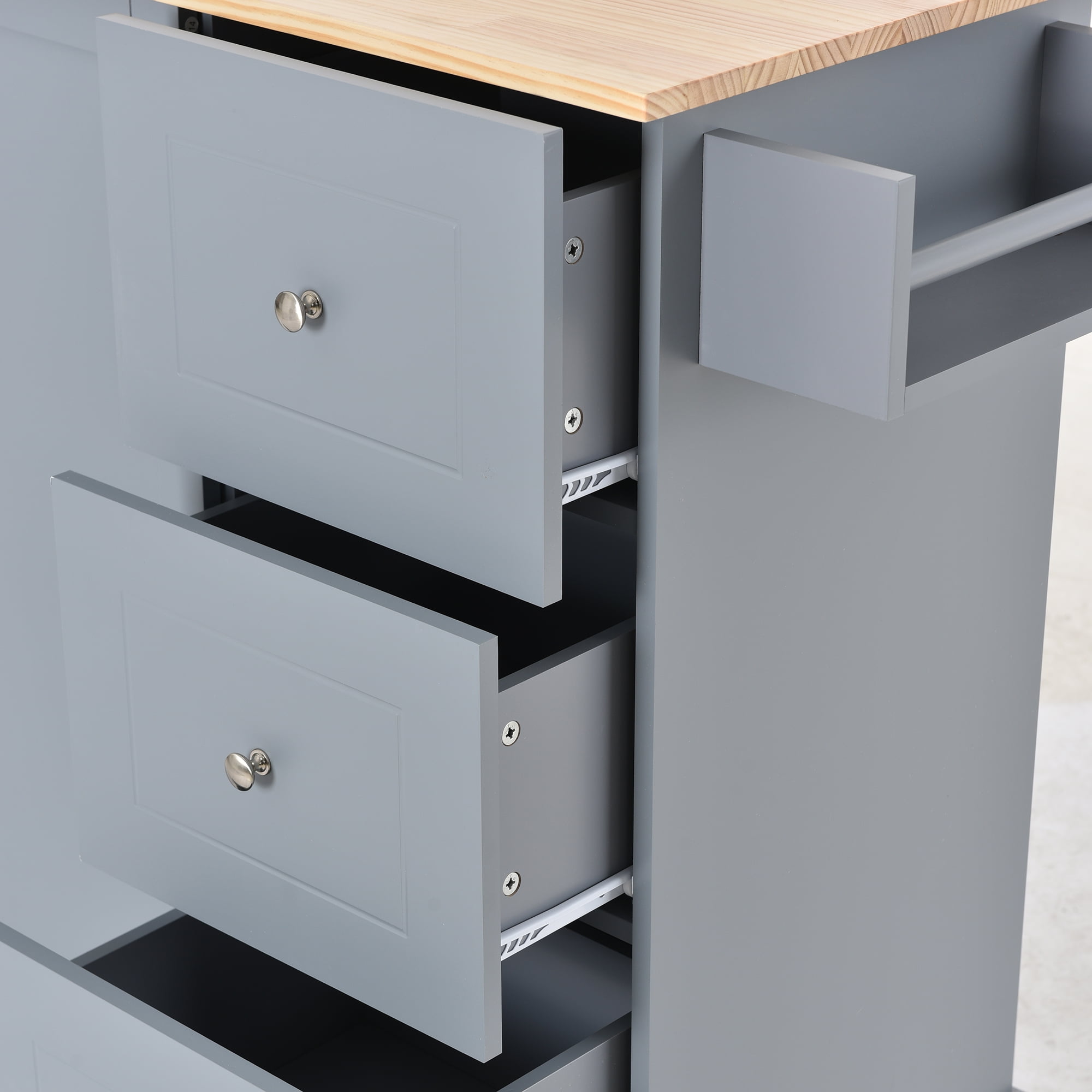 EUROCO Rolling Mobile Kitchen Island with Solid Wood Top and Locking Wheels, Storage Cabinet and Drop Leaf Breakfast Bar, Towel Rack & Drawers, Gray