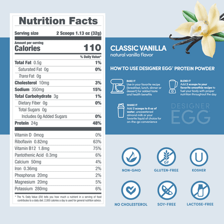 Designer Wellness , Designer Egg, Natural Egg Yolk & White Protein Powder, 24g Protein, Keto and Paleo Friendly, Less Fat and Cholesterol, Vanilla, 12.4 oz