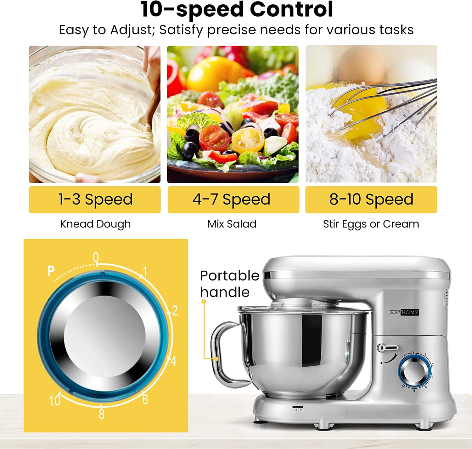 SPECSTAR Stand Mixer, 660W 10 Speed 6 Quart Tilt-Head Kitchen Electric Food Mixer with Beater, Dough Hook, Wire Whip and Egg Separator, Silver
