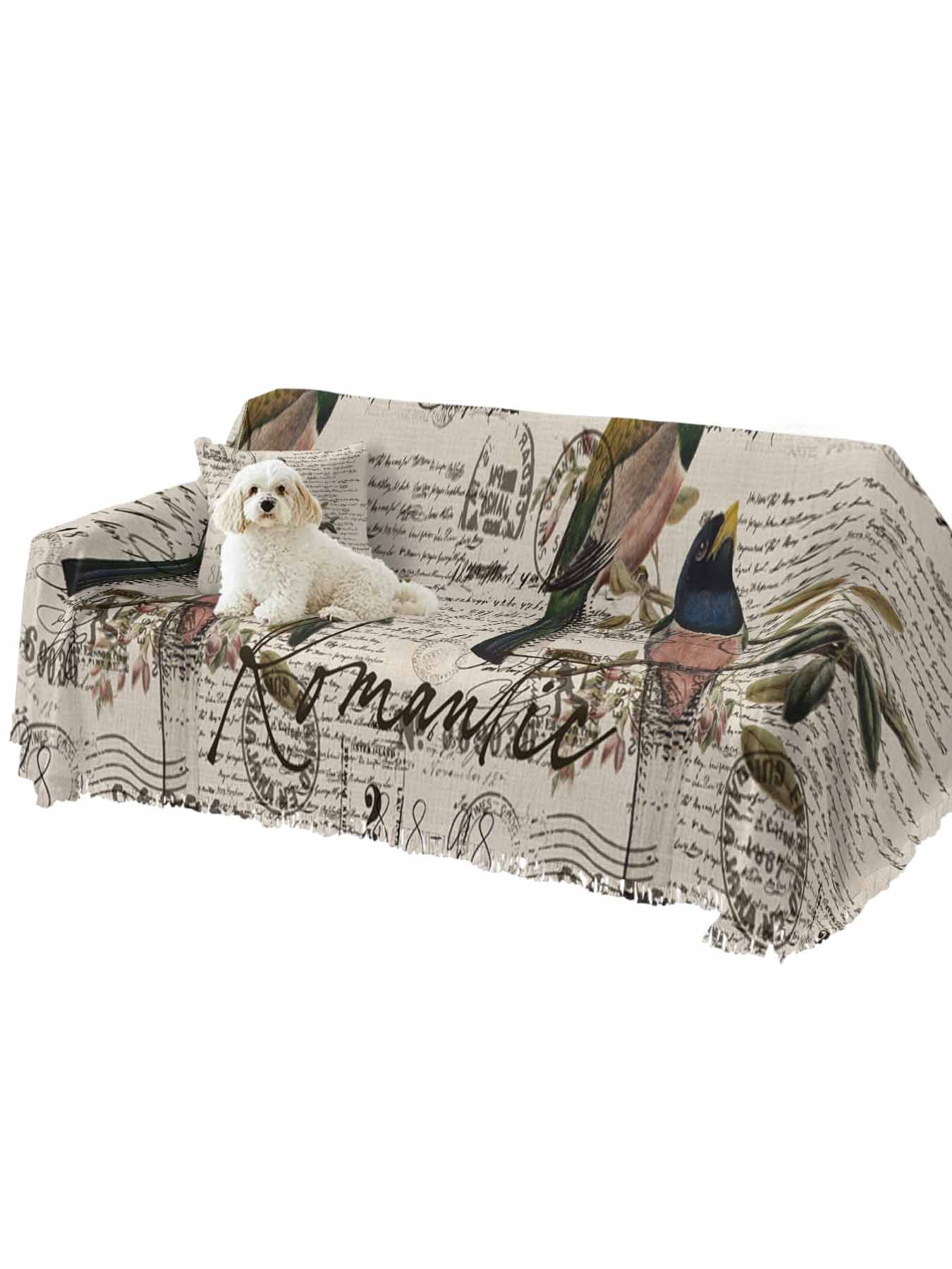 Vintage Birds Couch Cover Sofa Covers 3 Cushion Sectional Couch, Country Envelope Postmark Farmhouse Botancial Washable Sofa Covers Slipcover Sectional Sofa Cover, Furniture Protector 71"x150"