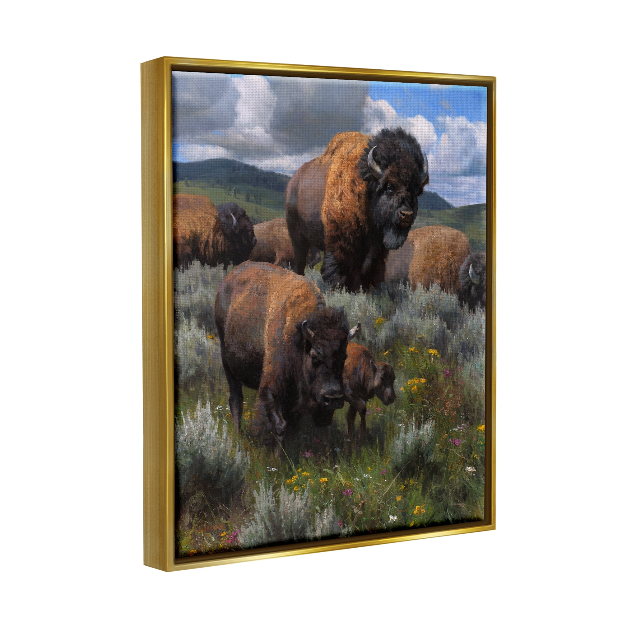 Stupell Industries Bison Herd Rural Landscape Animals & Insects Painting Gold Floater Framed Art Print Wall Art, 17 x 21