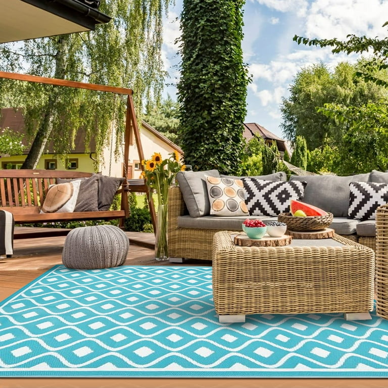Reversible Mats, Plastic Straw Rug, Modern Area Outdoor Rug for Patio  Clearance Decor, Large Floor Mat for Outdoors, RV, Backyard, Deck, Picnic,  Beach, Trailer, Camping (F/Black & Beige, 6 X 9 Feet) –