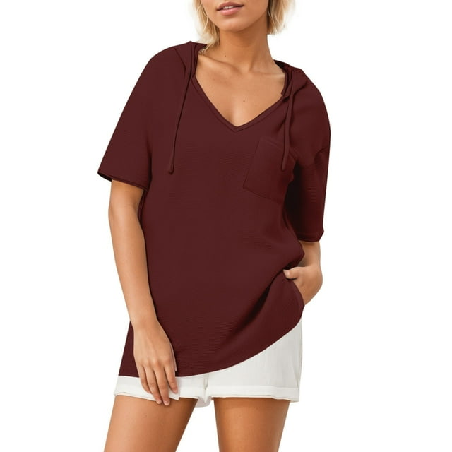 Sudadera con capucha de manga corta de punto liso para mujer: cuello en V, diseño con cordón y tejido transpirable para el verano