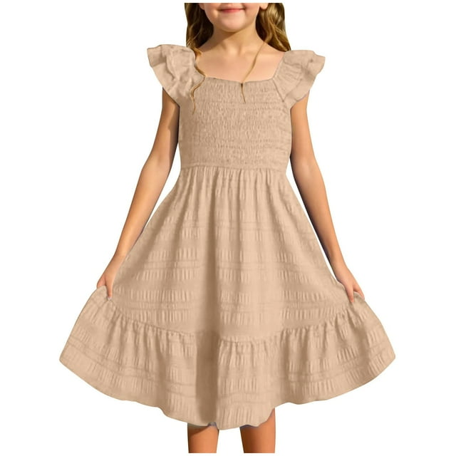 XIMIN Robes Décontractées pour Filles, Robe Midi à Encolure Carrée Froncée avec Manches à Volants et Poches, Sans Manches, Fluide, Coupe Évasée, Robe d'Été pour Plage, Vacances, Usage Quotidien (Kaki, 5-6 Ans)