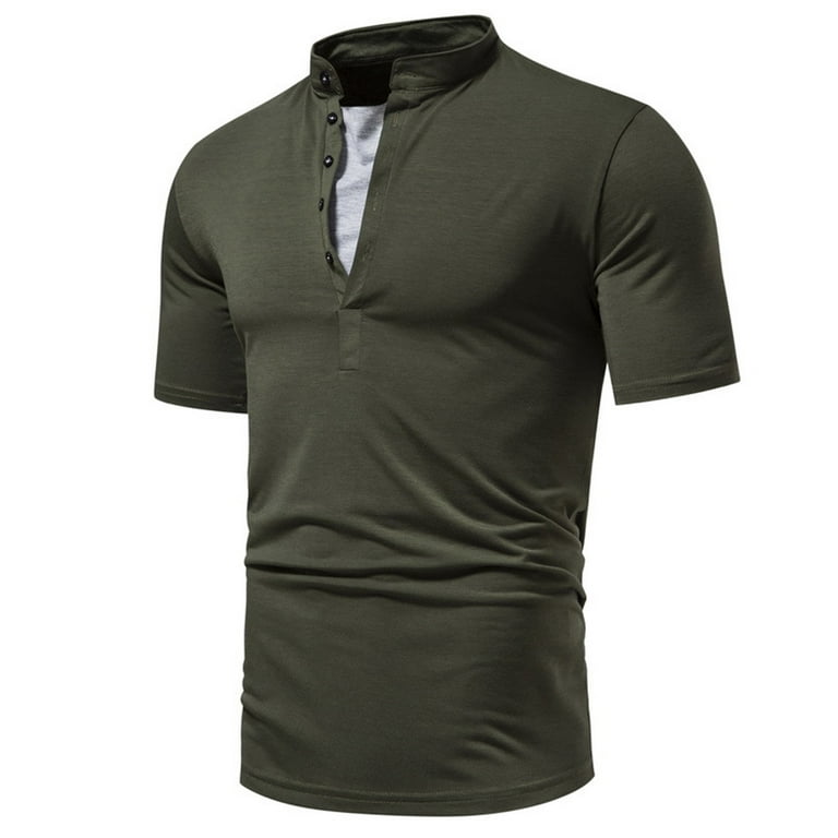Vsssj Standing Collar T-Shirt for Men Plus Size Short Sleeve V-Neck Button Fashion Casual Solid Color Shirt Comfy Daily Sports Tee Army Green L, Men's