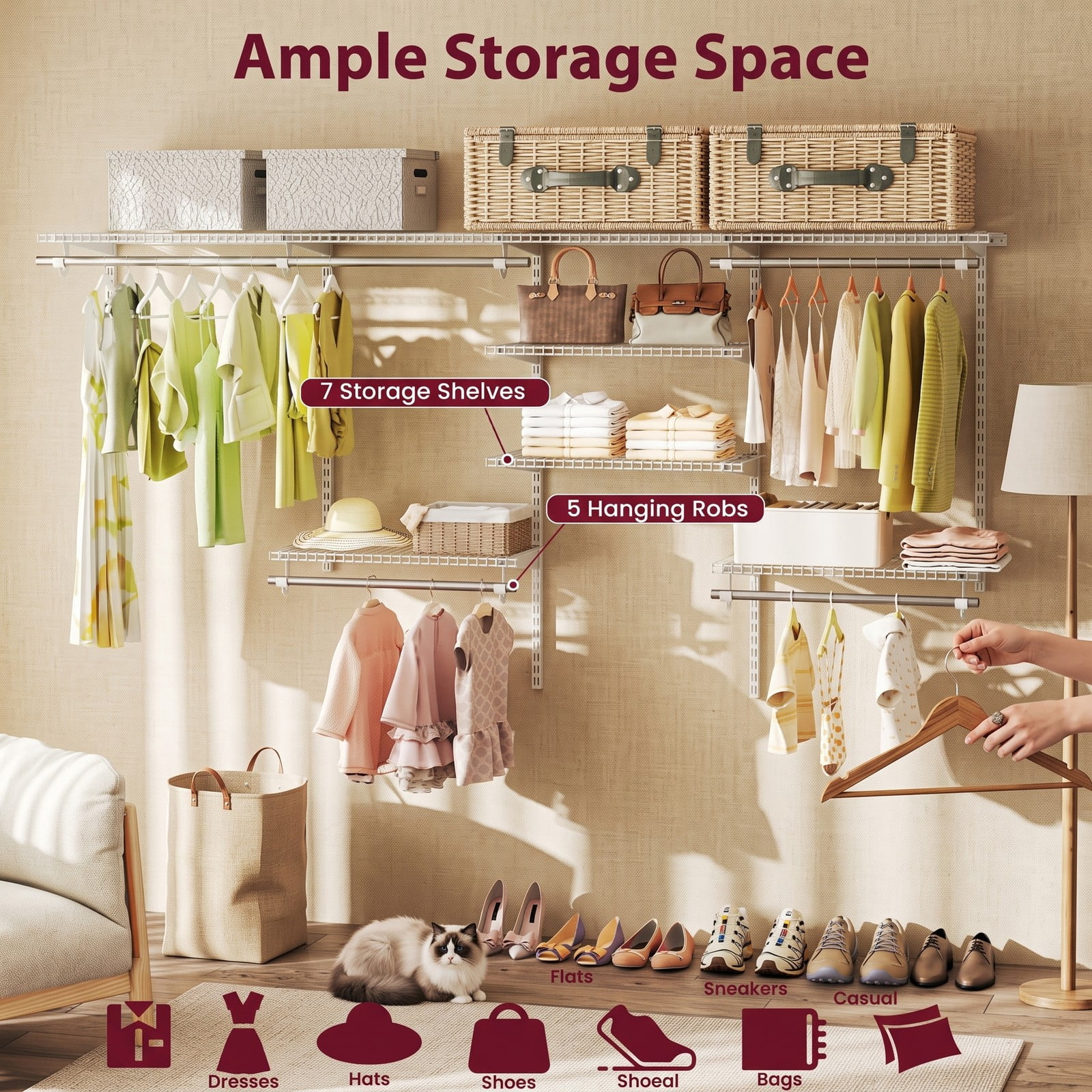Furnibear 4 to 8 FT Wall Mounted Closet Organizer System with 7 Shelves and 5 Hanging Rods for Bedroom and Laundry Room, White