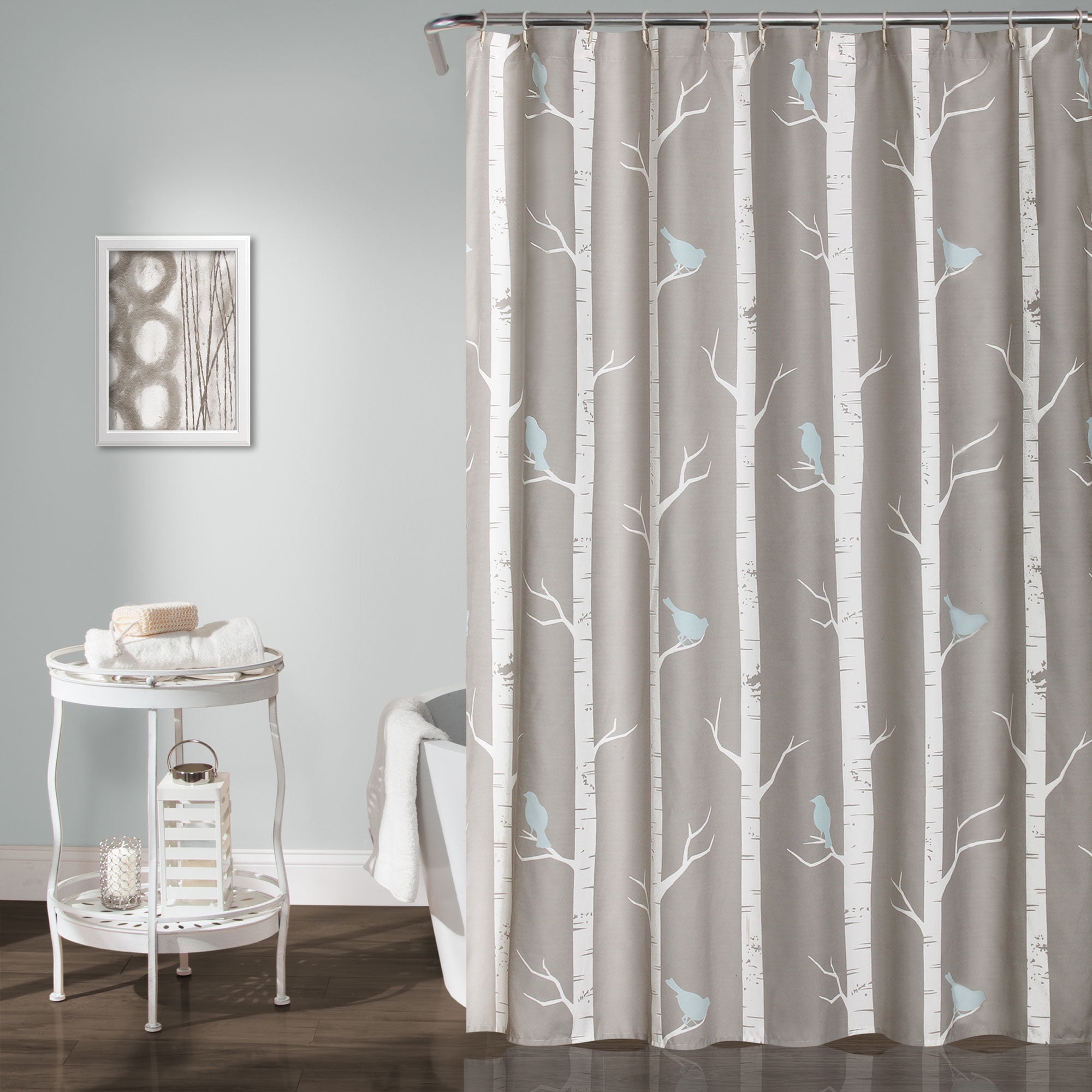 Rowley Shower Curtain-Floral Animal Bird Print Design 72" x 72" Blue and Gray 