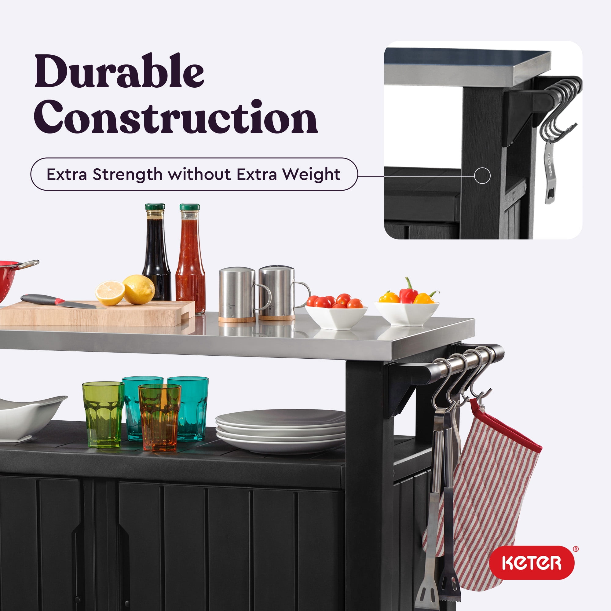 Keter Unity XL Outdoor Durable Kitchen Rolling Bar Cart with Storage Cabinet, Graphite