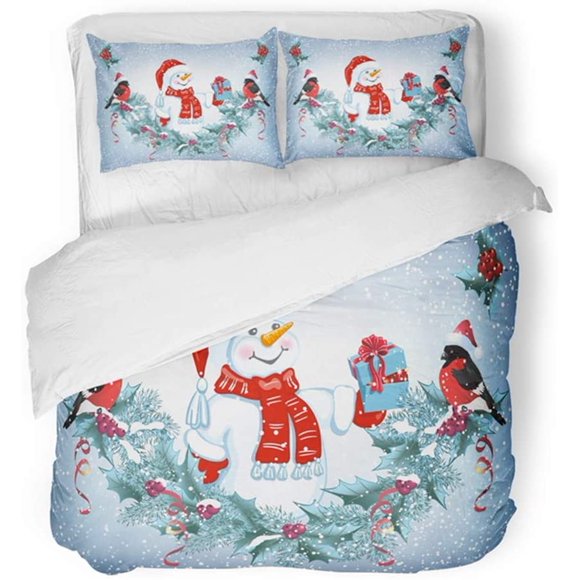 RYLABLUE 3 Piece Bedding Set Christmas with Snowman in Santa Hat with Box and Garland and Funny Bullfinches New Twin Size Duvet Cover with 2 Pillowcase for Home Bedding Room Decoration