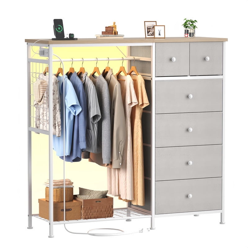 Kelno 6 Drawer Dresser with Hanging Rack LED Lights Charging Station Fabric Closet Organizer Storage Tower, Light Gray