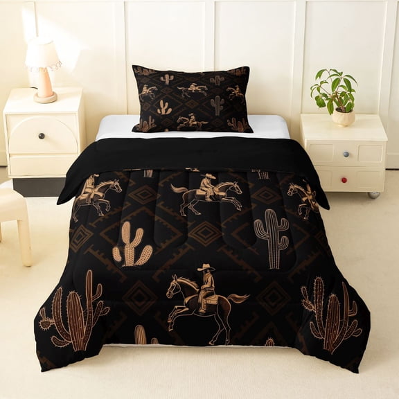Homewish Bohemian Western Cowboy Twin Comforter Sets,Southwest Desert Cactus Bedding Set,Black Reversible,2 Pieces,1 Comforter and 1 Pillowcase