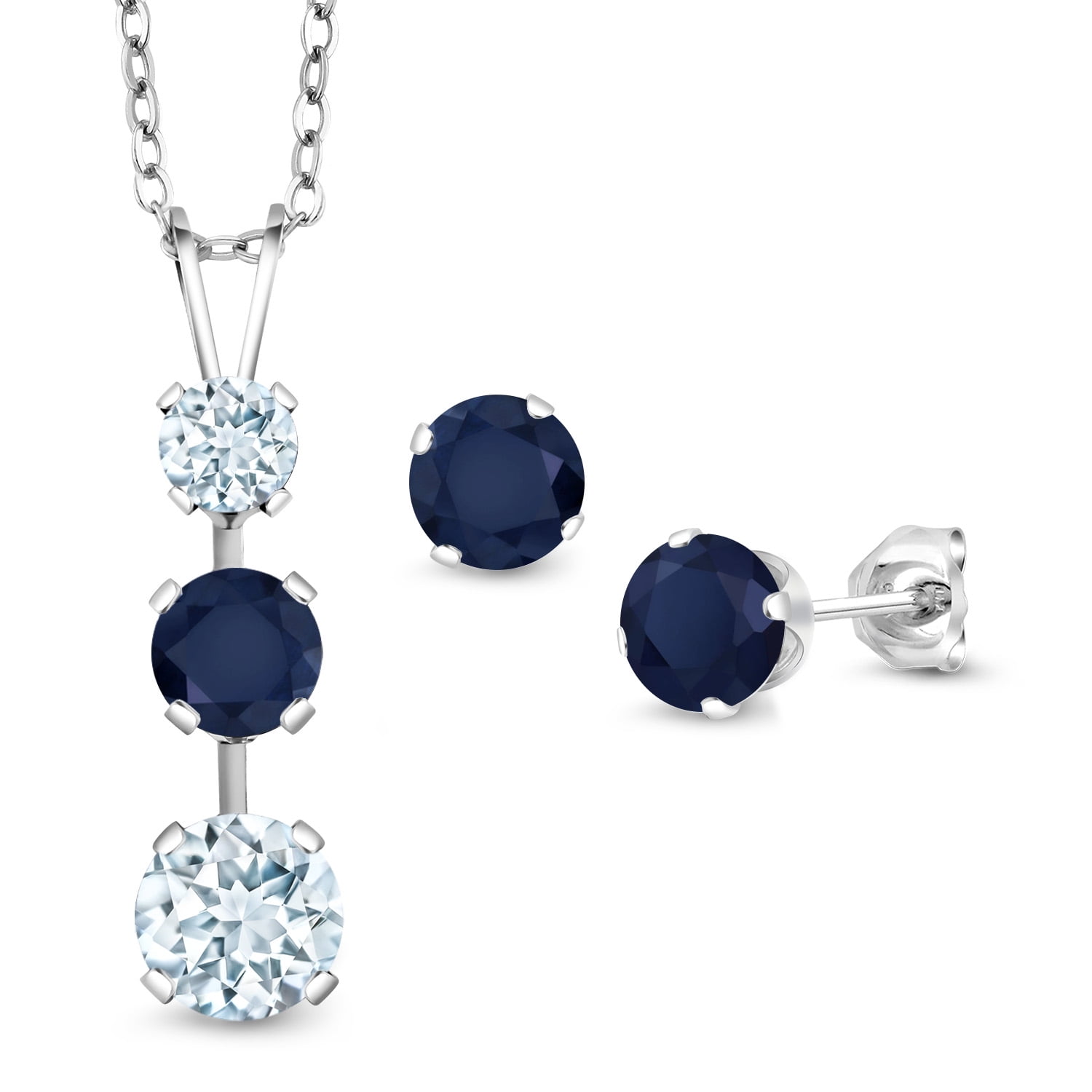 Gem Stone King 925 Sterling Silver Sky Blue Aquamarine and Blue Sapphire Pendant and Earrings Jewelry Set for Women (2.80 Cttw Gemstone March Birthstone with 18 inch Chain)