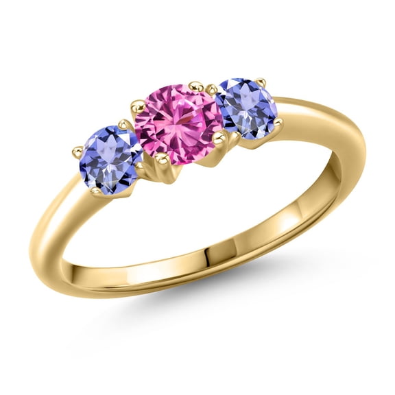 Gem Stone King 10K Yellow Gold Pink Created Sapphire and Blue Tanzanite Engagement Ring for Women | 1.15 Cttw | Round 5MM | Gemstone September Birthstone | Size 7