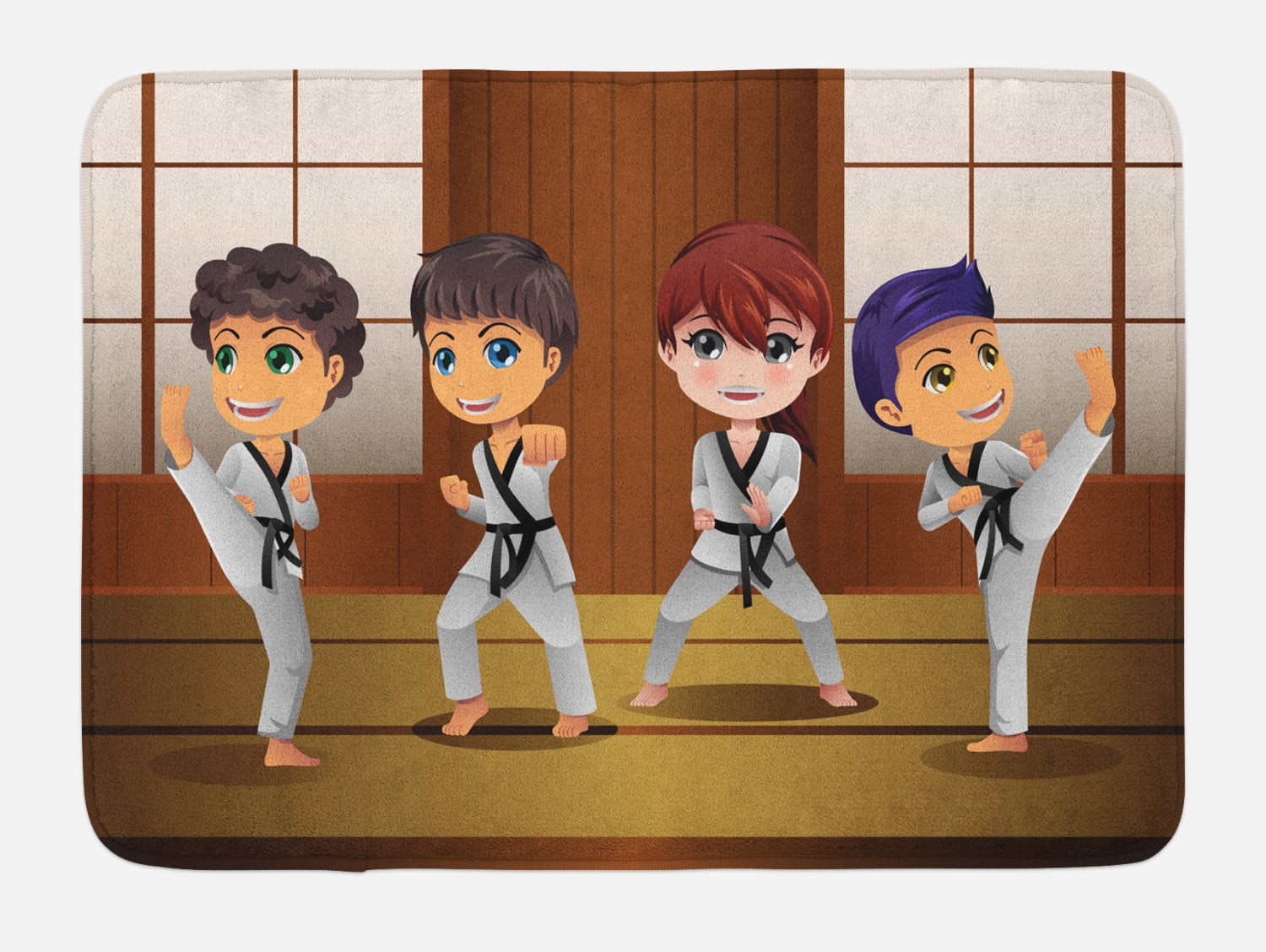 Karate Bath Mat, Practicing Martial Arts Self Defence in Dojo Cartoon  Illustration, Plush Bathroom Decor Mat with Non Slip Backing, 