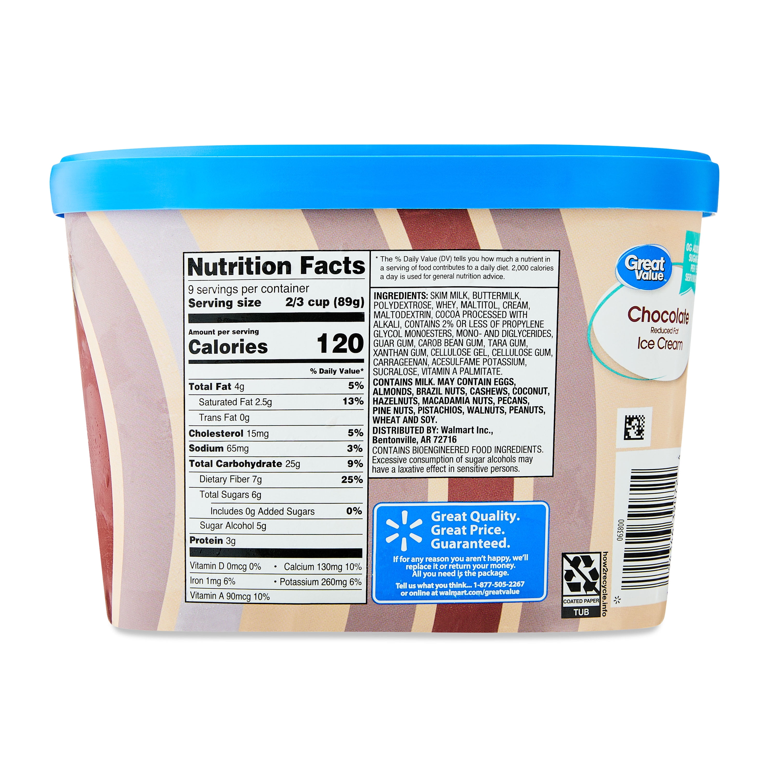 Great Value 0 Sugar, Chocolate Reduced Fat Ice Cream, 48 fl oz Tub