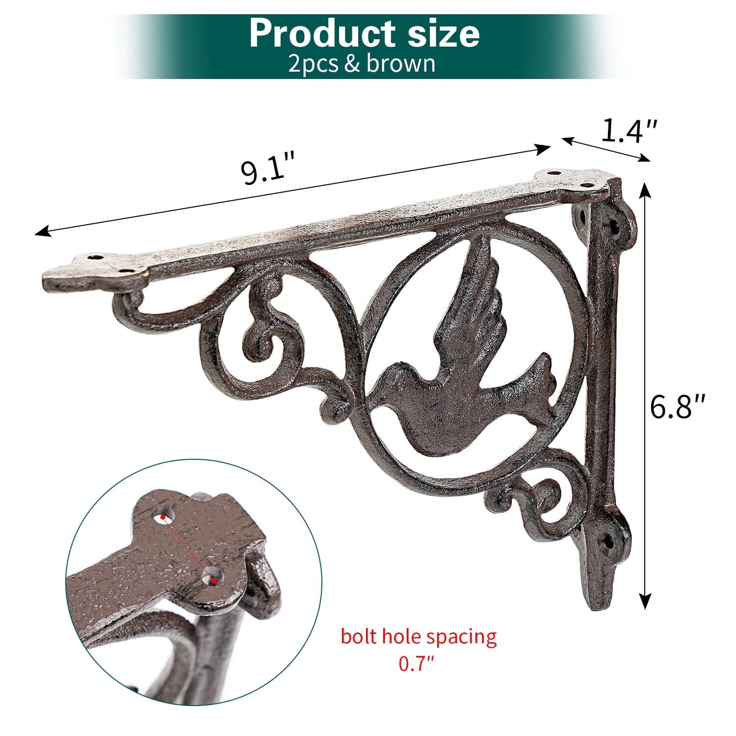 Sungmor 9.2 Inch Cast Iron Rustic White Brackets for Shelves, 2PC Vintage Decorative Angle Support Doorway Bracket, Shelves Corbels, Wall Mounted Floating Shelf Bracket